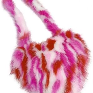Stylish Pink and Red Faux Fur Crossbody Bag & Hat Set